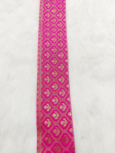 Jacquard Saree Border, Fuchsia Pink And Gold Woven Thread Work Trim, Jacquard Trimming Decorative Trim